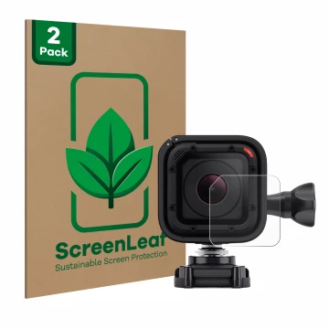 Front side of a product packaging with the brand logo ScreenLeaf. Next to it is the device GoPro Hero 4 Session Lens (housing)