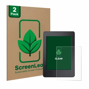 Front side of a product packaging with the brand logo ScreenLeaf. Next to it is the device Amazon Kindle Paperwhite 2015 (7th 