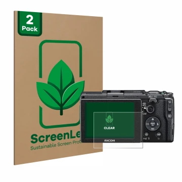 Front side of a product packaging with the brand logo ScreenLeaf. Next to it is the device Ricoh GR II 2015 shown with the cor