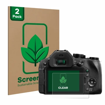 Front side of a product packaging with the brand logo ScreenLeaf. Next to it is the device Panasonic Lumix DMC-FZ300 shown wit