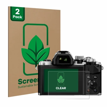 Front side of a product packaging with the brand logo ScreenLeaf. Next to it is the device Olympus OM-D E-M10 Mark II shown wi