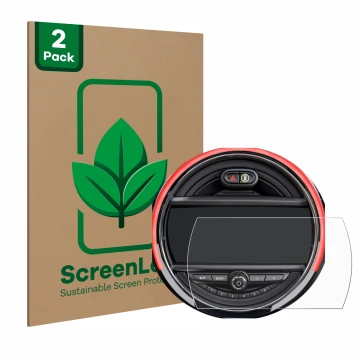 Front side of a product packaging with the brand logo ScreenLeaf. Next to it is the device Mini Cooper R56 (6.5