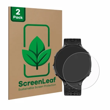 Front side of a product packaging with the brand logo ScreenLeaf. Next to it is the device Garmin Forerunner 235 shown with th