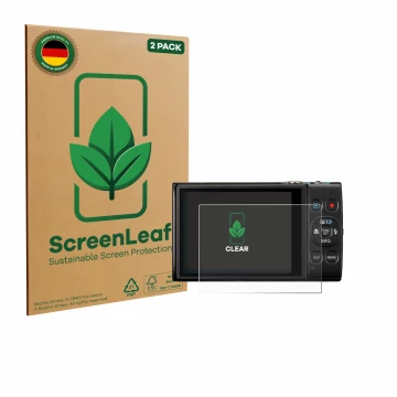 Front side of a product packaging with the brand logo ScreenLeaf. Next to it is the device Canon Digital Ixus 285 hs shown wit