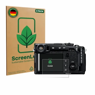 Front side of a product packaging with the brand logo ScreenLeaf. Next to it is the device Fujifilm X-Pro2 shown with the corr