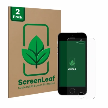 Front side of a product packaging with the brand logo ScreenLeaf. Next to it is the device Apple iPhone SE 2016 shown with the