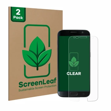 Front side of a product packaging with the brand logo ScreenLeaf. Next to it is the device Samsung Galaxy S7 shown with the co