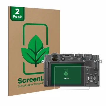Front side of a product packaging with the brand logo ScreenLeaf. Next to it is the device Olympus PEN-F shown with the corres