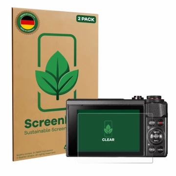 Front side of a product packaging with the brand logo ScreenLeaf. Next to it is the device Canon PowerShot G7 X Mark II shown 
