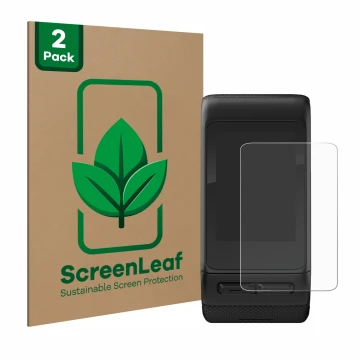 Front side of a product packaging with the brand logo ScreenLeaf. Next to it is the device Garmin vivoactive HR shown with the