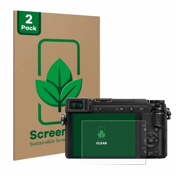 Front side of a product packaging with the brand logo ScreenLeaf. Next to it is the device Panasonic Lumix DMC-GX80 shown with