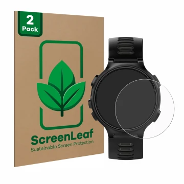Front side of a product packaging with the brand logo ScreenLeaf. Next to it is the device Garmin Forerunner 735XT shown with 