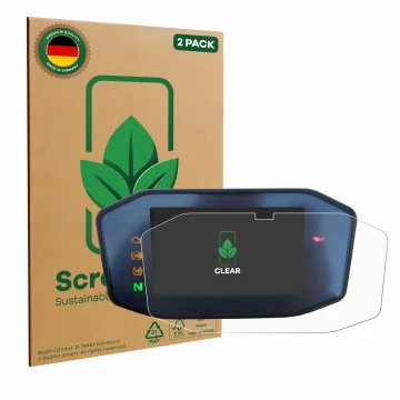 Front side of a product packaging with the brand logo ScreenLeaf. Next to it is the device KTM 690 Duke 2016 shown with the co