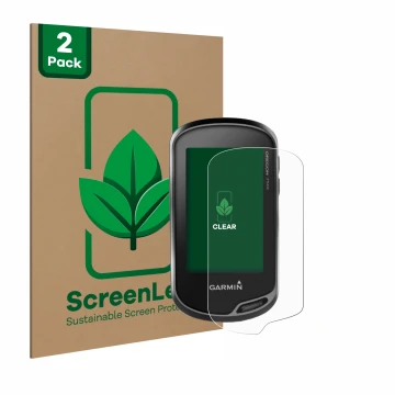 Front side of a product packaging with the brand logo ScreenLeaf. Next to it is the device Garmin Oregon 750t shown with the c