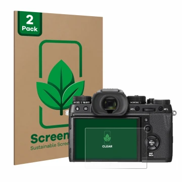 Front side of a product packaging with the brand logo ScreenLeaf. Next to it is the device Fujifilm X-T2 shown with the corres