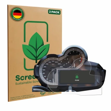 Front side of a product packaging with the brand logo ScreenLeaf. Next to it is the device BMW R 1200 GS K50 2013-2018 Speedom
