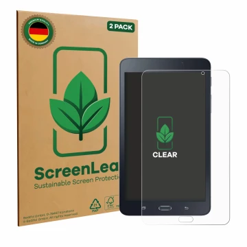 Front side of a product packaging with the brand logo ScreenLeaf. Next to it is the device Samsung Galaxy Tab A6 7.0 shown wit
