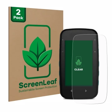 Front side of a product packaging with the brand logo ScreenLeaf. Next to it is the device CompeGPS TwoNav Cross shown with th