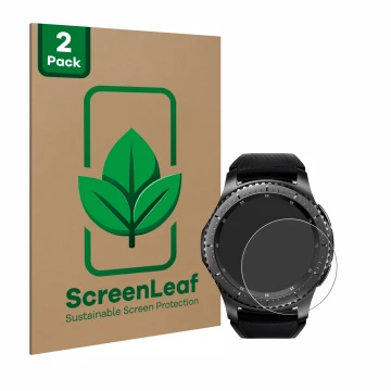 Front side of a product packaging with the brand logo ScreenLeaf. Next to it is the device Samsung Gear S3 Frontier shown with
