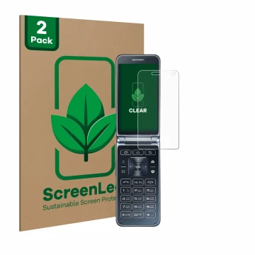 Front side of a product packaging with the brand logo ScreenLeaf. Next to it is the device Samsung Galaxy Folder 2 shown with 