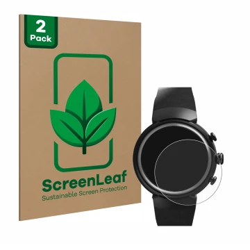 Front side of a product packaging with the brand logo ScreenLeaf. Next to it is the device ASUS ZenWatch 3 1.39