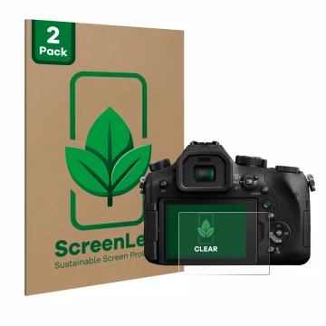 Front side of a product packaging with the brand logo ScreenLeaf. Next to it is the device Panasonic Lumix DMC-FZ2000 shown wi