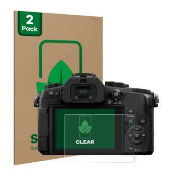 Front side of a product packaging with the brand logo ScreenLeaf. Next to it is the device Panasonic Lumix DMC-G81 shown with 