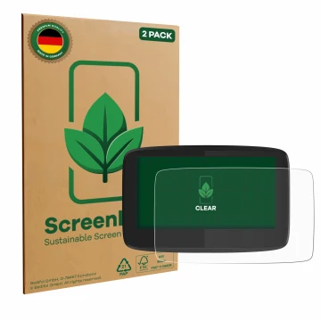 Front side of a product packaging with the brand logo ScreenLeaf. Next to it is the device TomTom GO 620 shown with the corres
