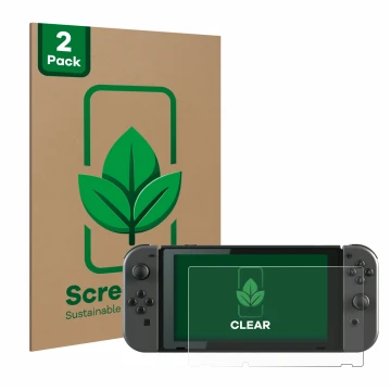 Front side of a product packaging with the brand logo ScreenLeaf. Next to it is the device Nintendo Switch shown with the corr