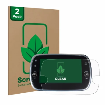 Front side of a product packaging with the brand logo ScreenLeaf. Next to it is the device Fiat 500 Abarth Uconnet 7