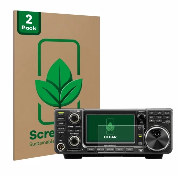 Front side of a product packaging with the brand logo ScreenLeaf. Next to it is the device Icom IC-7300 shown with the corresp