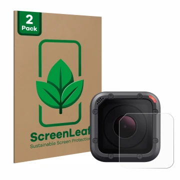 Front side of a product packaging with the brand logo ScreenLeaf. Next to it is the device GoPro Hero 5 Session Lens (housing)