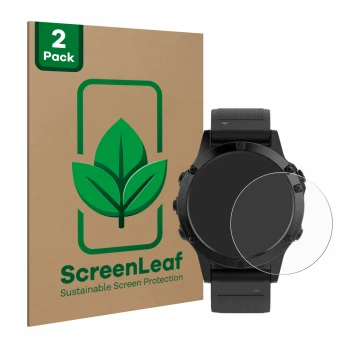 Front side of a product packaging with the brand logo ScreenLeaf. Next to it is the device Garmin Fenix 5 (47 mm) shown with t