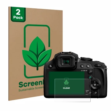 Front side of a product packaging with the brand logo ScreenLeaf. Next to it is the device Panasonic Lumix DC-FZ82 shown with 