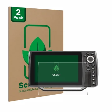 Front side of a product packaging with the brand logo ScreenLeaf. Next to it is the device Humminbird Helix 7 shown with the c