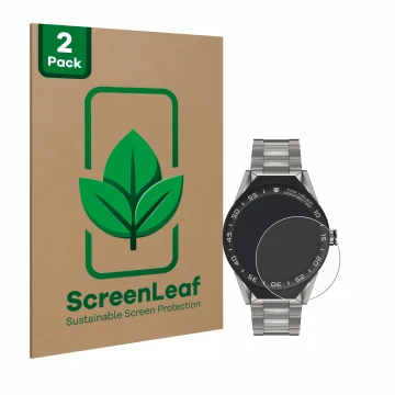 Front side of a product packaging with the brand logo ScreenLeaf. Next to it is the device TAG Heuer Connected Modular 45 show