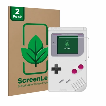 Front side of a product packaging with the brand logo ScreenLeaf. Next to it is the device Nintendo Gameboy (1989) shown with 