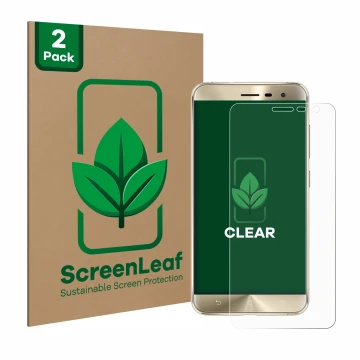 Front side of a product packaging with the brand logo ScreenLeaf. Next to it is the device ASUS ZenFone 3 ZE552KL shown with t