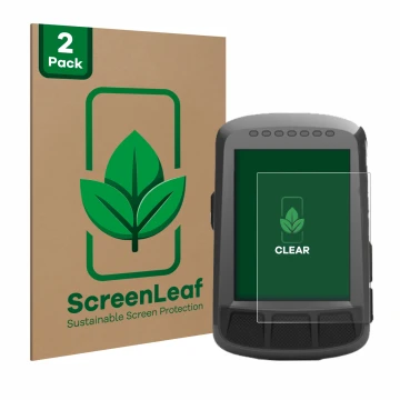 Front side of a product packaging with the brand logo ScreenLeaf. Next to it is the device Wahoo Elemnt Bolt GPS shown with th