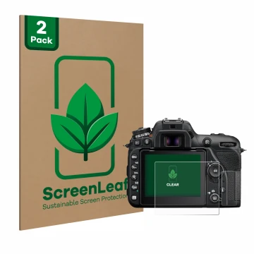 Front side of a product packaging with the brand logo ScreenLeaf. Next to it is the device Nikon D7500 shown with the correspo