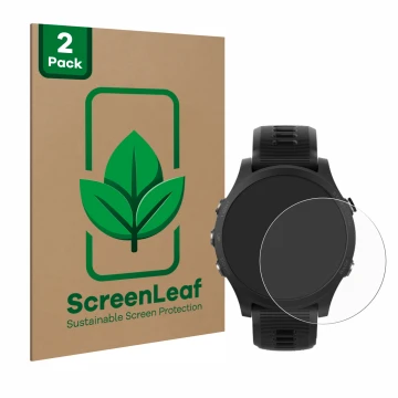 Front side of a product packaging with the brand logo ScreenLeaf. Next to it is the device Garmin Forerunner 935 shown with th