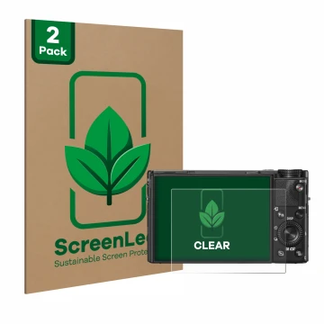 Front side of a product packaging with the brand logo ScreenLeaf. Next to it is the device Sony Cyber-Shot DSC-RX100 V shown w