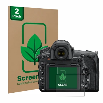 Front side of a product packaging with the brand logo ScreenLeaf. Next to it is the device Nikon D850 shown with the correspon