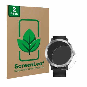 Front side of a product packaging with the brand logo ScreenLeaf. Next to it is the device Garmin vivoactive 3 shown with the 