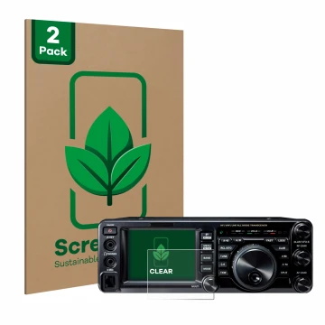 Front side of a product packaging with the brand logo ScreenLeaf. Next to it is the device Yaesu FT-991A shown with the corres