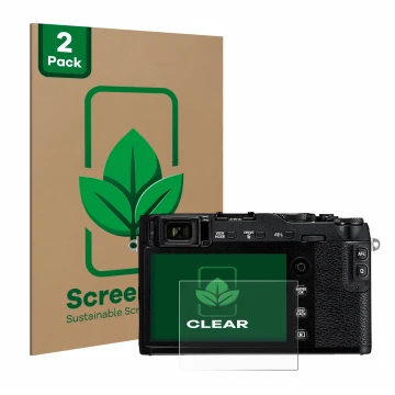 Front side of a product packaging with the brand logo ScreenLeaf. Next to it is the device Fujifilm X-E3 shown with the corres