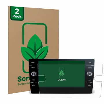 Front side of a product packaging with the brand logo ScreenLeaf. Next to it is the device Volkswagen T-Roc 2017-2019 Discover
