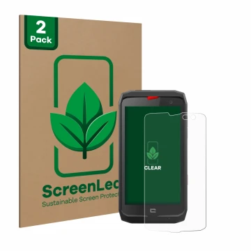 Front side of a product packaging with the brand logo ScreenLeaf. Next to it is the device Crosscall Action X3 shown with the 
