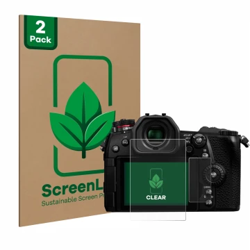Front side of a product packaging with the brand logo ScreenLeaf. Next to it is the device Panasonic Lumix DC-G9 shown with th