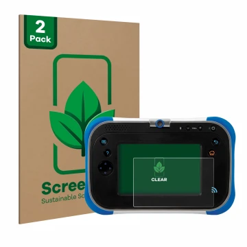 Front side of a product packaging with the brand logo ScreenLeaf. Next to it is the device Vtech Storio Max 2.0 shown with the